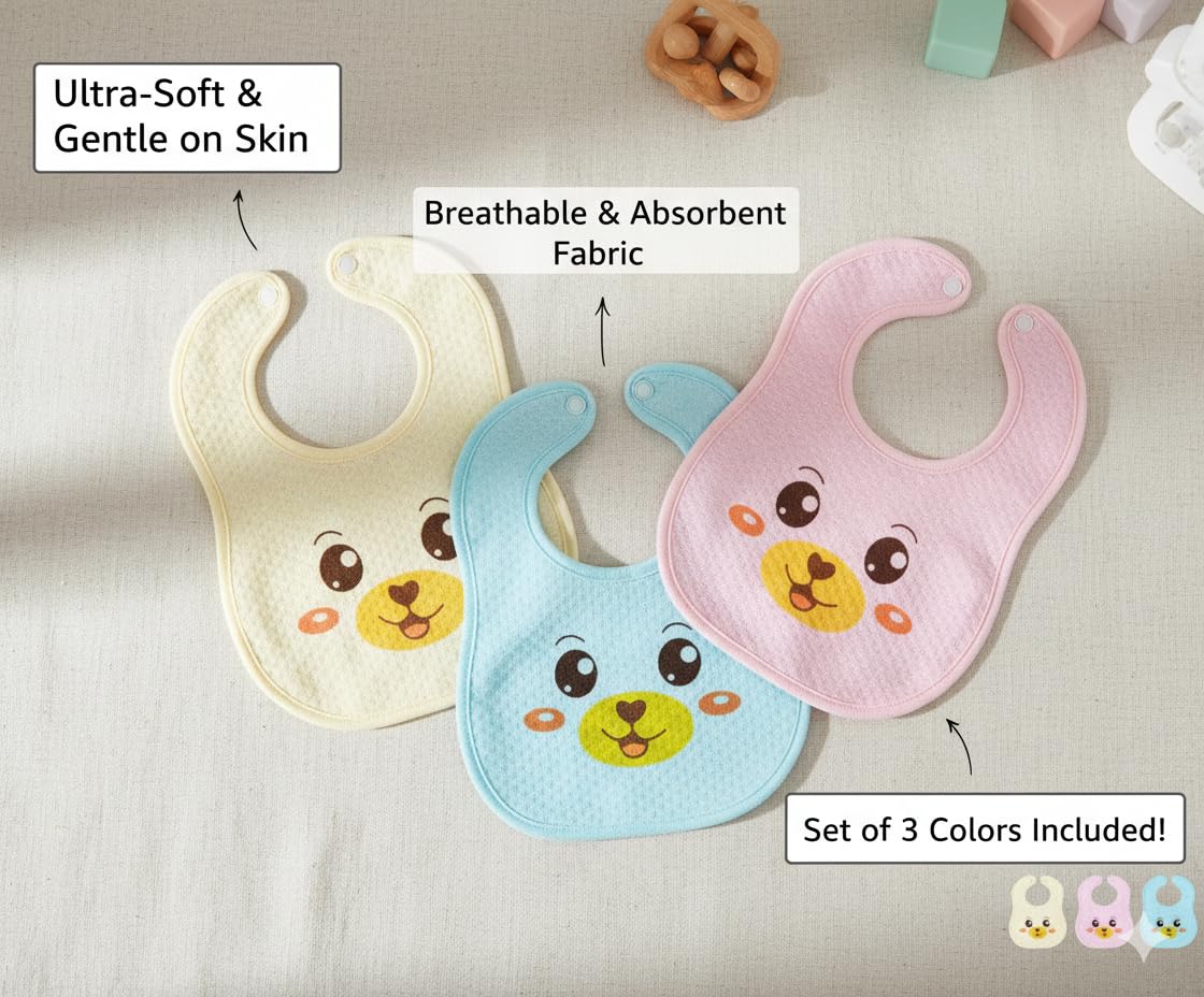 THE PURE NEST baby Waterproof Spill Resistant Bibs, Baby Apron With Bib, Baby Bibs For 6 to 12 Months, Fastdry Bibs, Soft Cotton Bib Pack Of 3 Multicolor Color Smiley 1