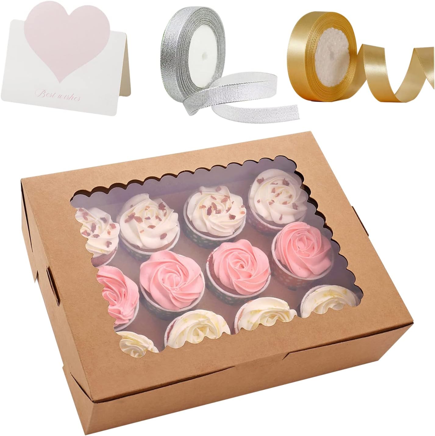 6-Set Cupcake Boxes Hold 12 Standard Cupcakes,Cupcake Containers, Cupcake Carrier, Food Grade Kraft Cupcake Holders for Cookies, Muffins and Pastries (Brown)