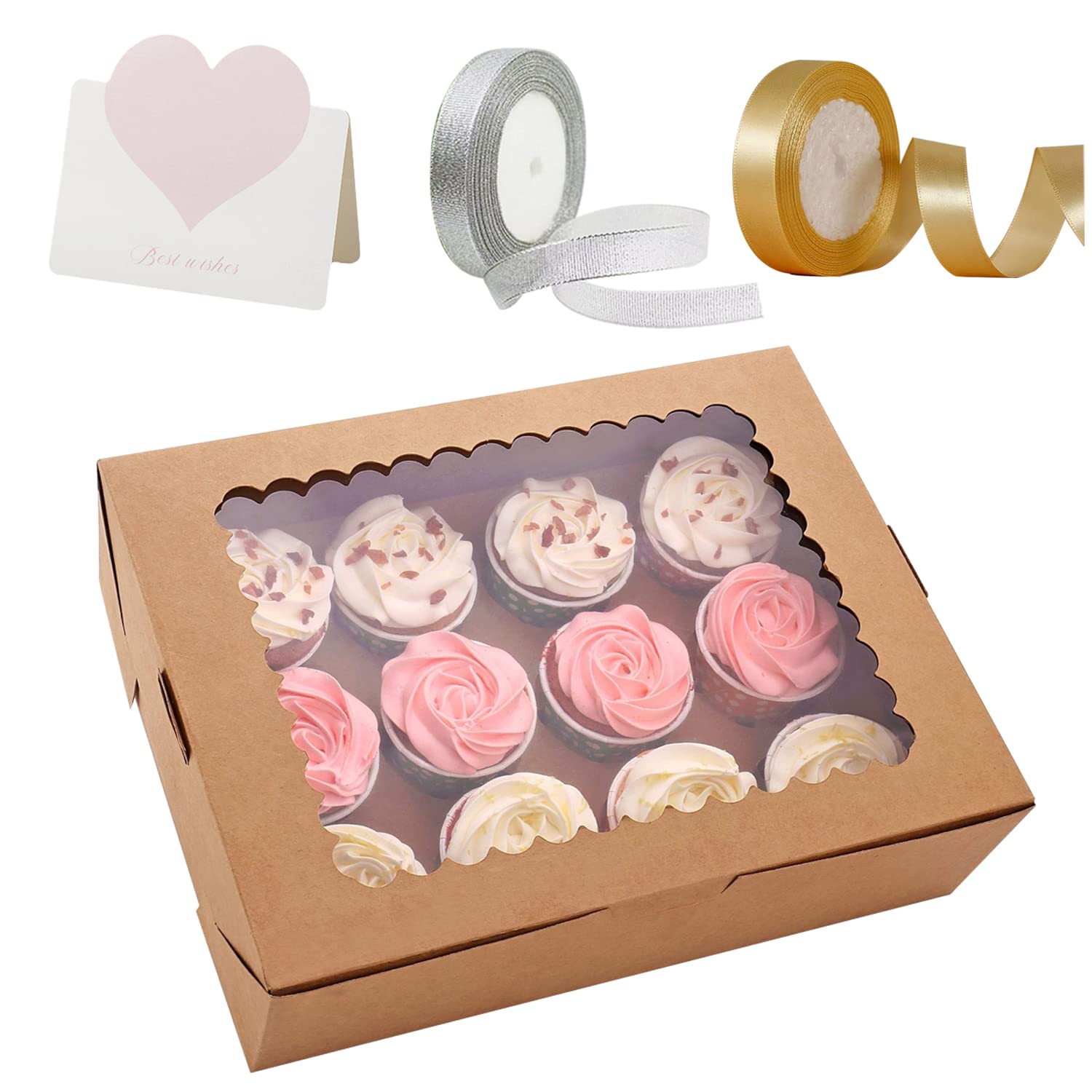 6-Set Cupcake Boxes Hold 12 Standard Cupcakes,Cupcake Containers, Cupcake Carrier, Food Grade Kraft Cupcake Holders for Cookies, Muffins and Pastries (Brown)