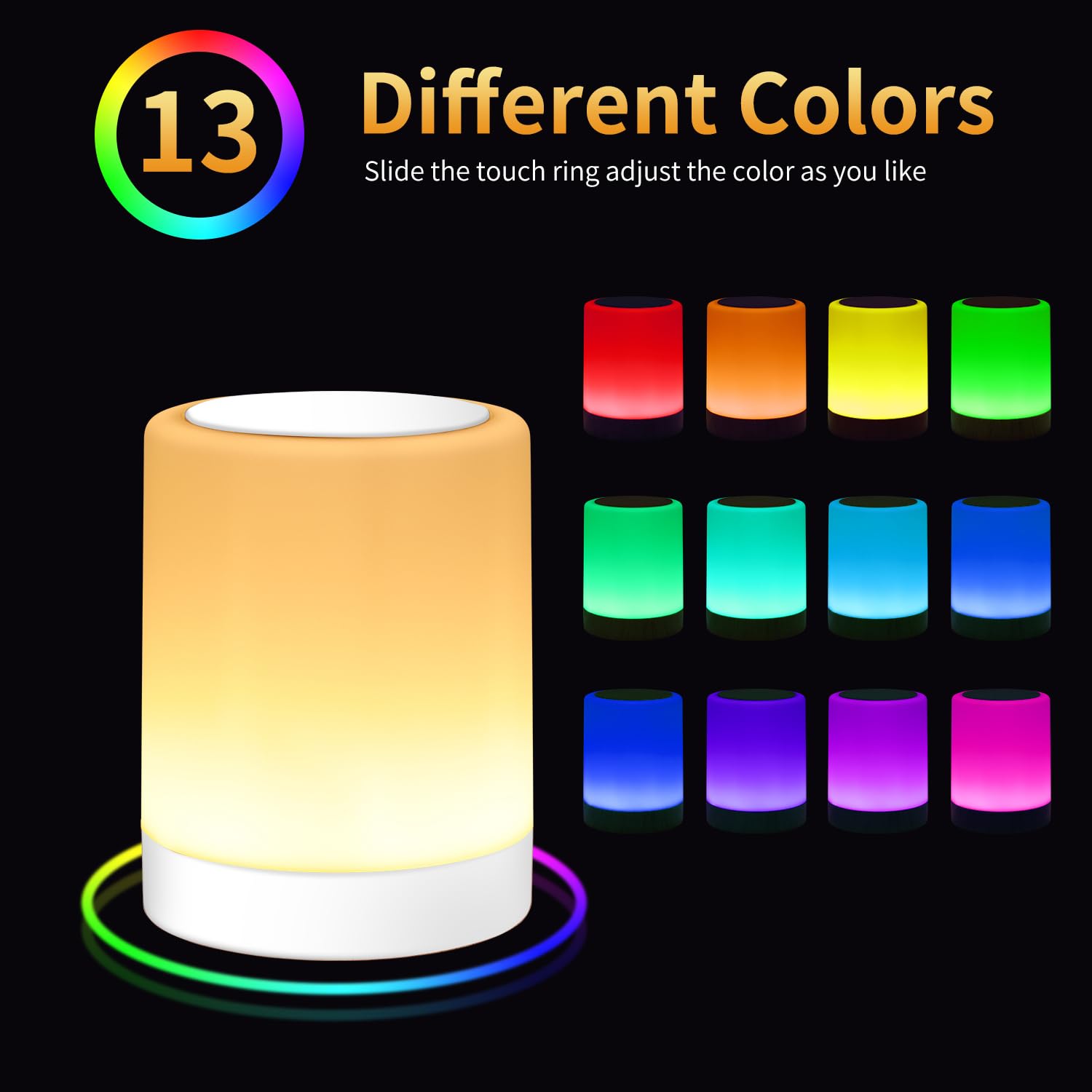 OORUN Touch-Nachttischlampe, 13 RGB-Farben & 5 Helligkeiten, USB-wiederaufladbare Schreibtischlampe, Fernbedienung, dimmbares Nachtlicht mit RGB-Farbwechsel, tragbare Lampe für Baby, Schlafzimmer