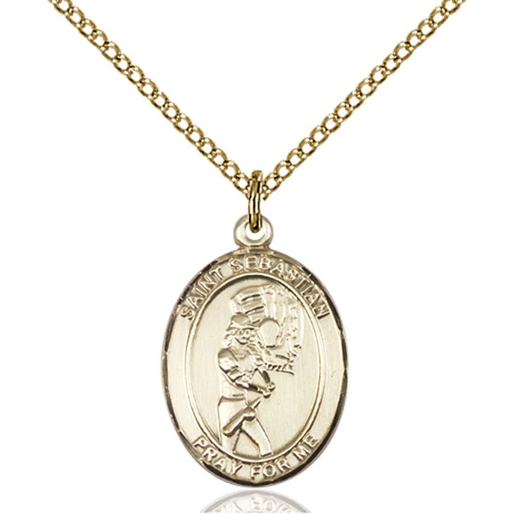 Bonyak Jewelry Saint Medal Collection Custom Engraved Gold Filled St. Sebastian/Softball Pendant 3/4 x 1/2 inches with Gold-Filled Lite Curb Chain