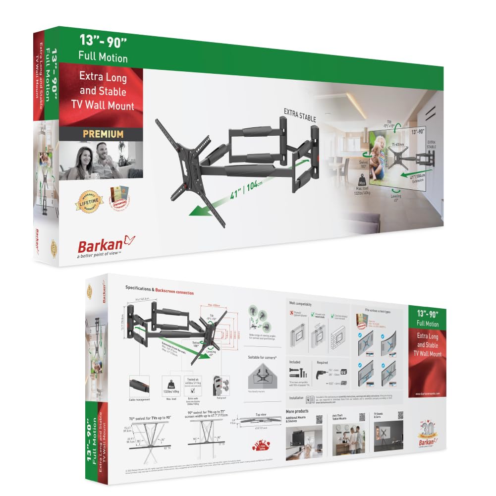 Barkan 104cm Lange TV Wandhalterung, 13-90 Zoll Doppelarm, Schwenkbar/Vollbewegung luxuriösen TV Halterung, hält bis 60Kg, Extra stabil, für LED OLED LCD, Max. VESA 600x400