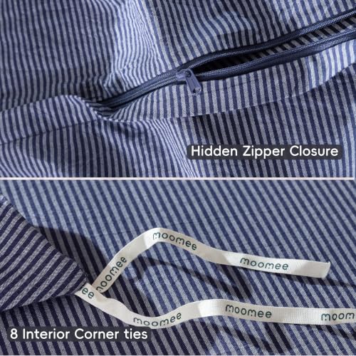 Image of MooMee Striped Duvet Cover Set 100% Washed Cotton Linen Like Queen | Relaxed Linen-like Texture. Soft, Breathable & Long-lasting Comfort. Lightweight. Hidden Zipper with 8 Interior Corner Ties