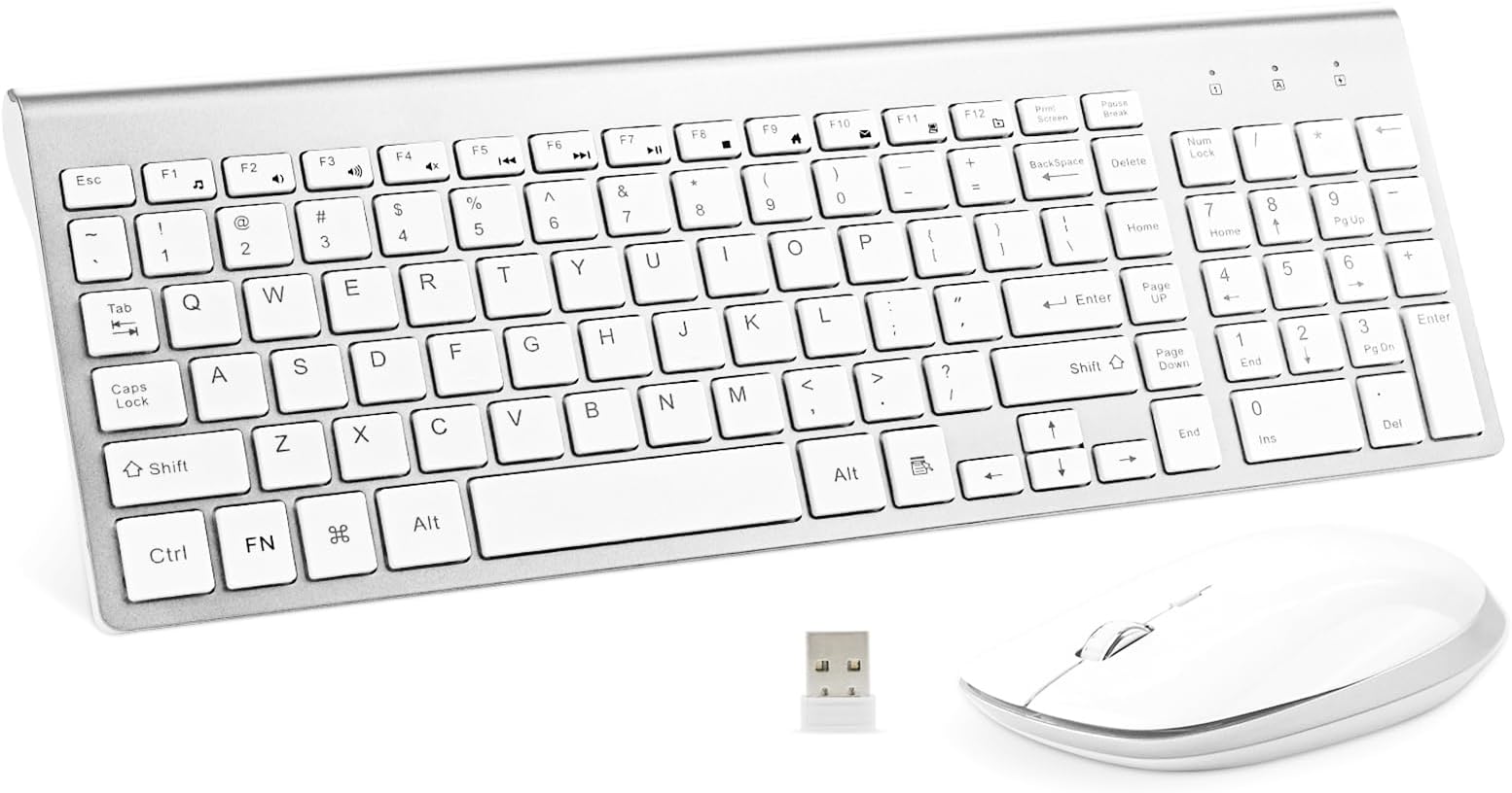 Wireless Keyboard and Mouse, USB Slim Compact Keyboard with number pad, Ergonomics Quiet Keyboard Mouse for Laptop Computer PC Mac Windows, White Silver
