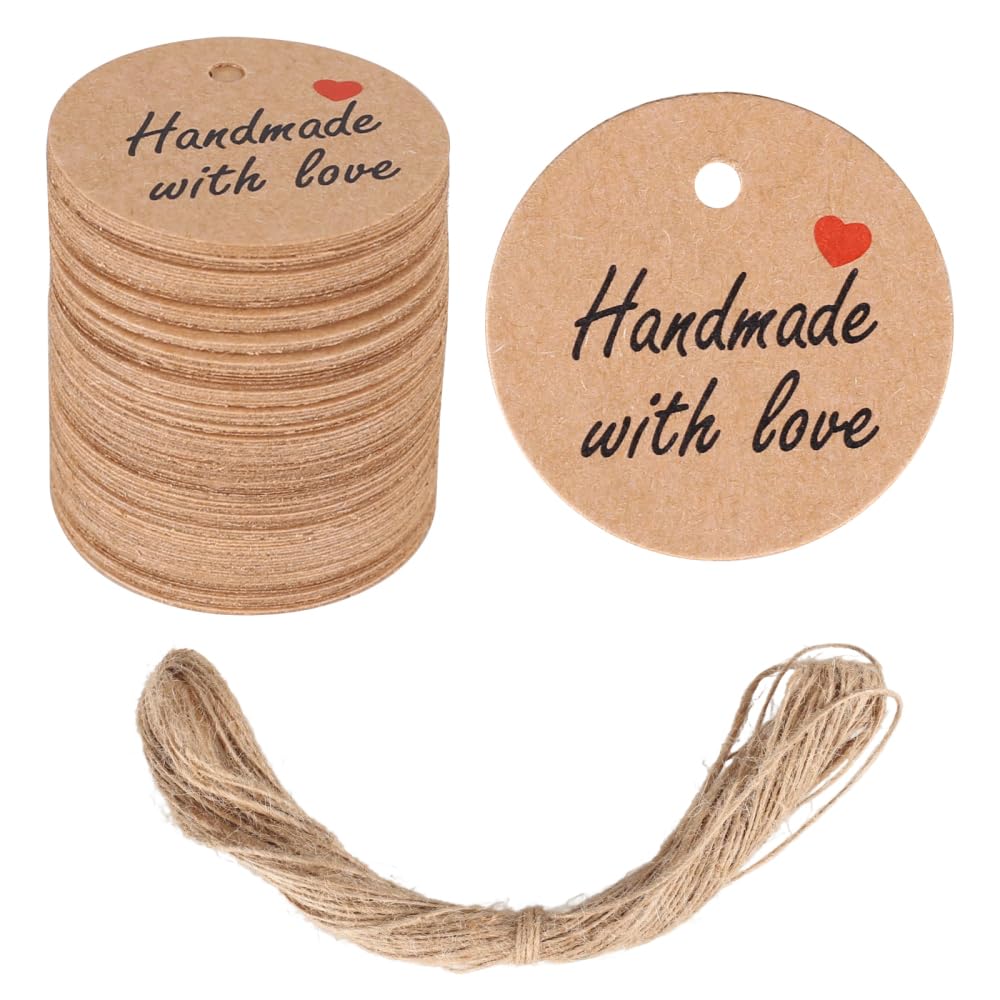 Bdkmms Yellow Handmade With Love Tags, 100Pcs Kraft Paper Craft Tags With Hemp Rope (20M/66Ft) For Crafts Wedding & Birthday Party Favors