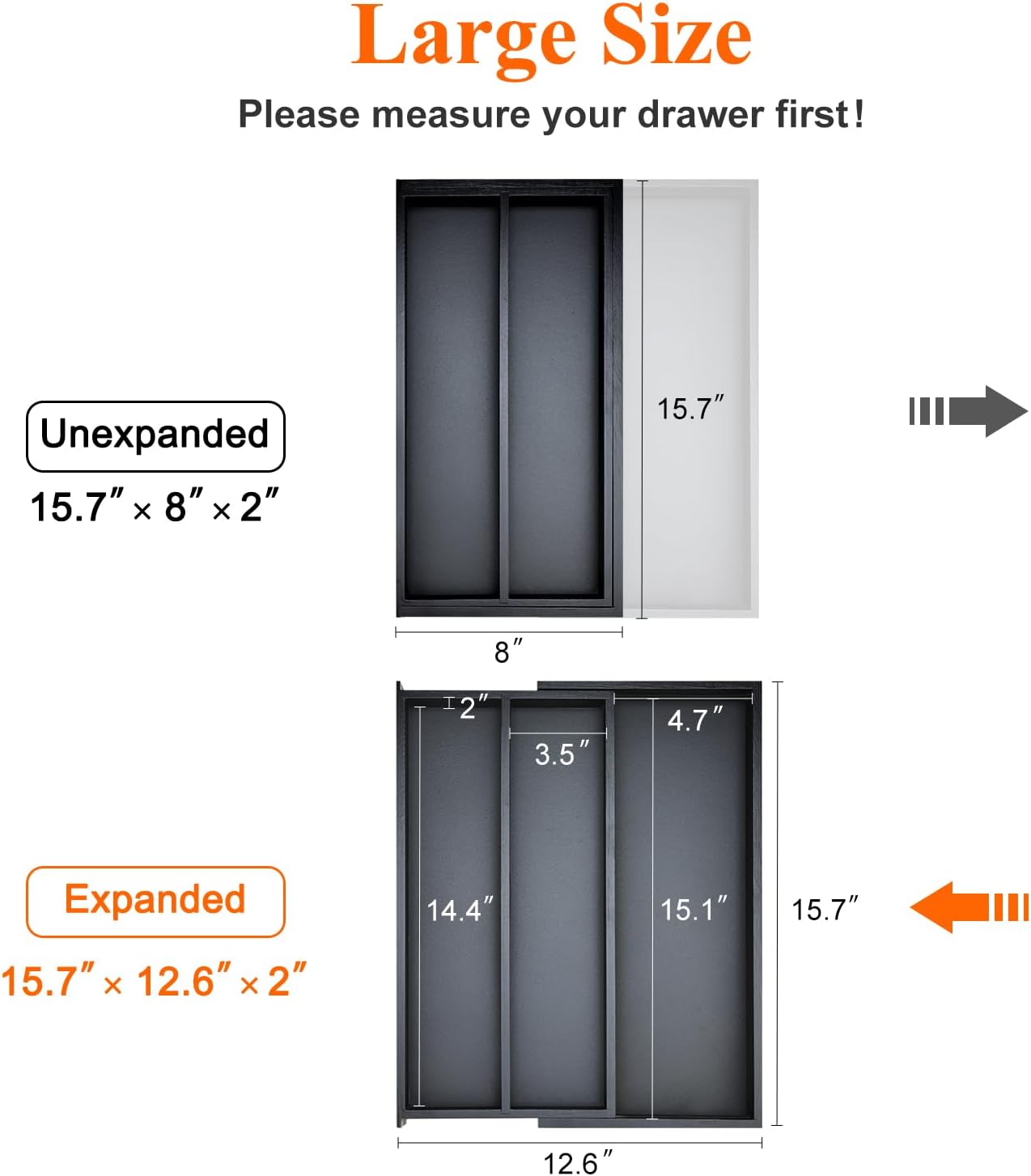 竹製キッチンツール引き出しオーガナイザーストレージ ブラックカトラリートレイ 拡張可能な銀食器オーガナイザー ディバイダー 大型調理