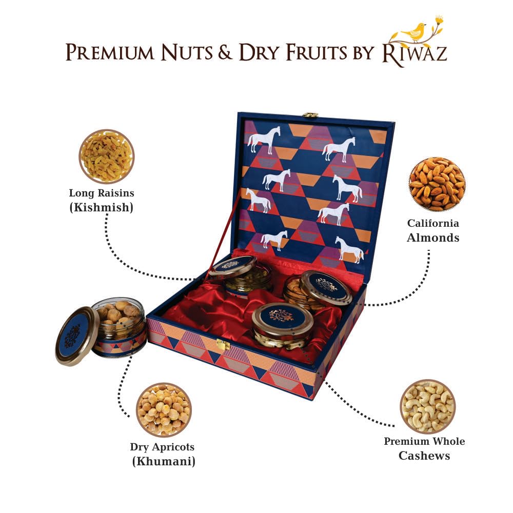 Riwaz Luxury Red Horse Giftbox filled Almonds, Cashew, Raisins & Khumani |4 Salsa Jar designer Box|Perfect For Corporate, Wedding & Festival Gifting 3