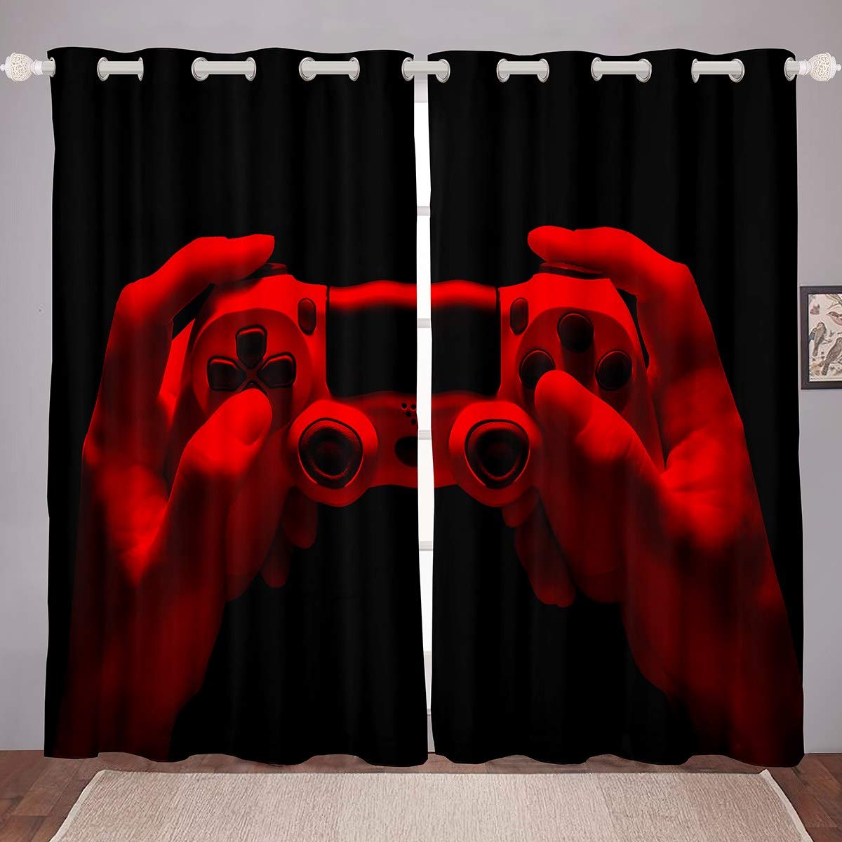 Gamepad zaciemniające zasłony konsola gracz okno zasłony dla dzieci chłopców nastolatków gry wideo podkładka do gier zasłony do sypialni salonu kontroler gier przyciemnienie termiczny W66 * dł. 90, czarny, czerwony