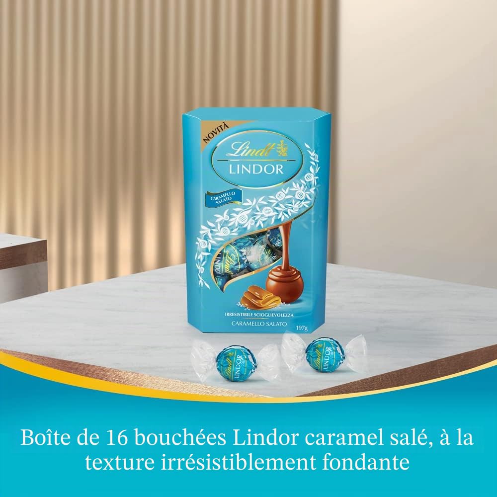 Lindt Lindor Caramello Salato Pralines au chocolat au lait et cristaux de sel avec caramel doux salé 200 g