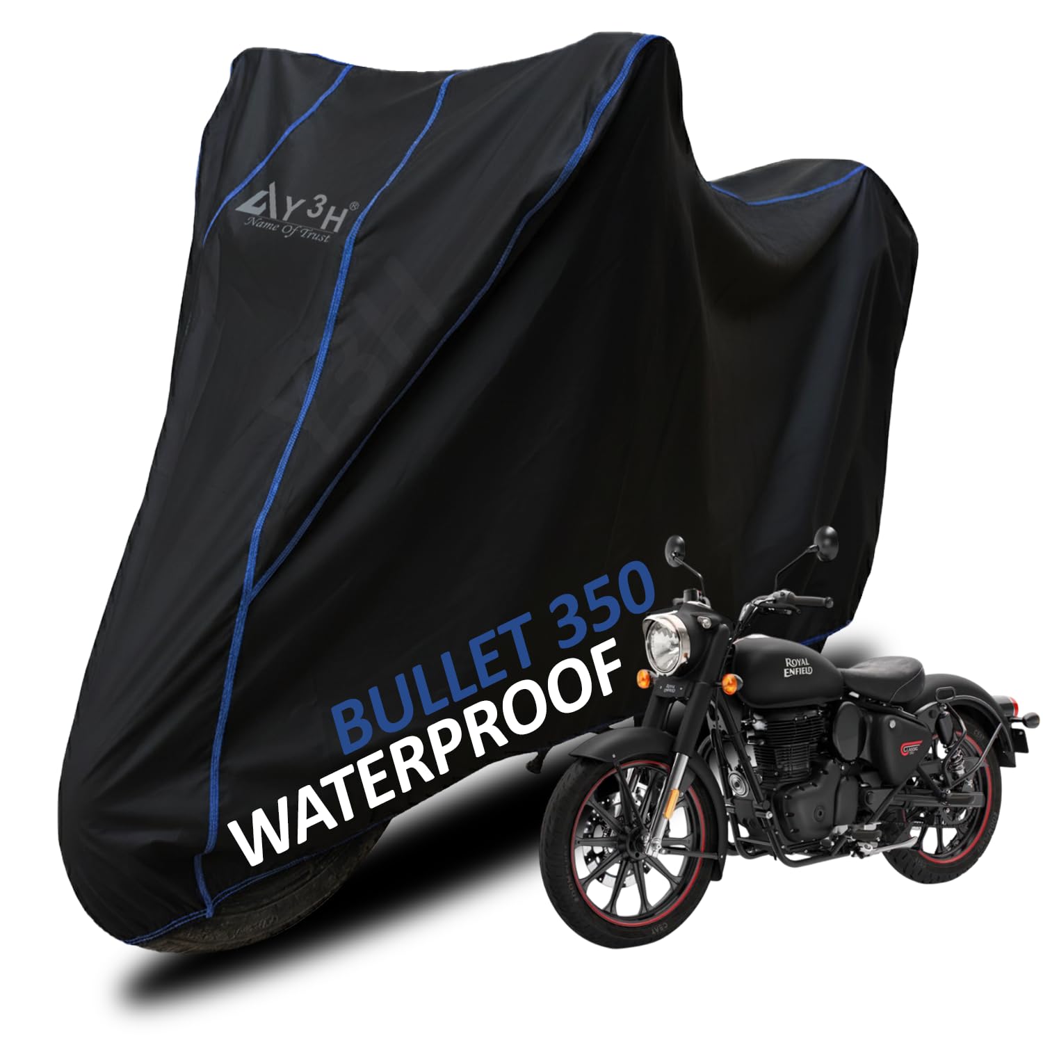 Y3H - Bike Body Cover Compatible with Bullet 350 Cc Full Body with Dust Proof, UV Rays Protective, Tripple Stitching & Lightweight Two Wheeler Covers - Black with Waterproof Blue Piping