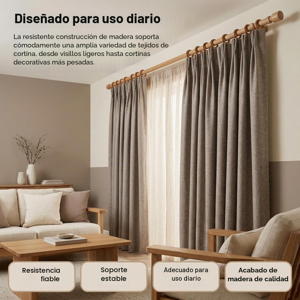 Ganchos de madera de 38 mm para colgar cortinas con ojos de roble natural, ojales deslizantes para barras de 35 mm, paquete de 24.