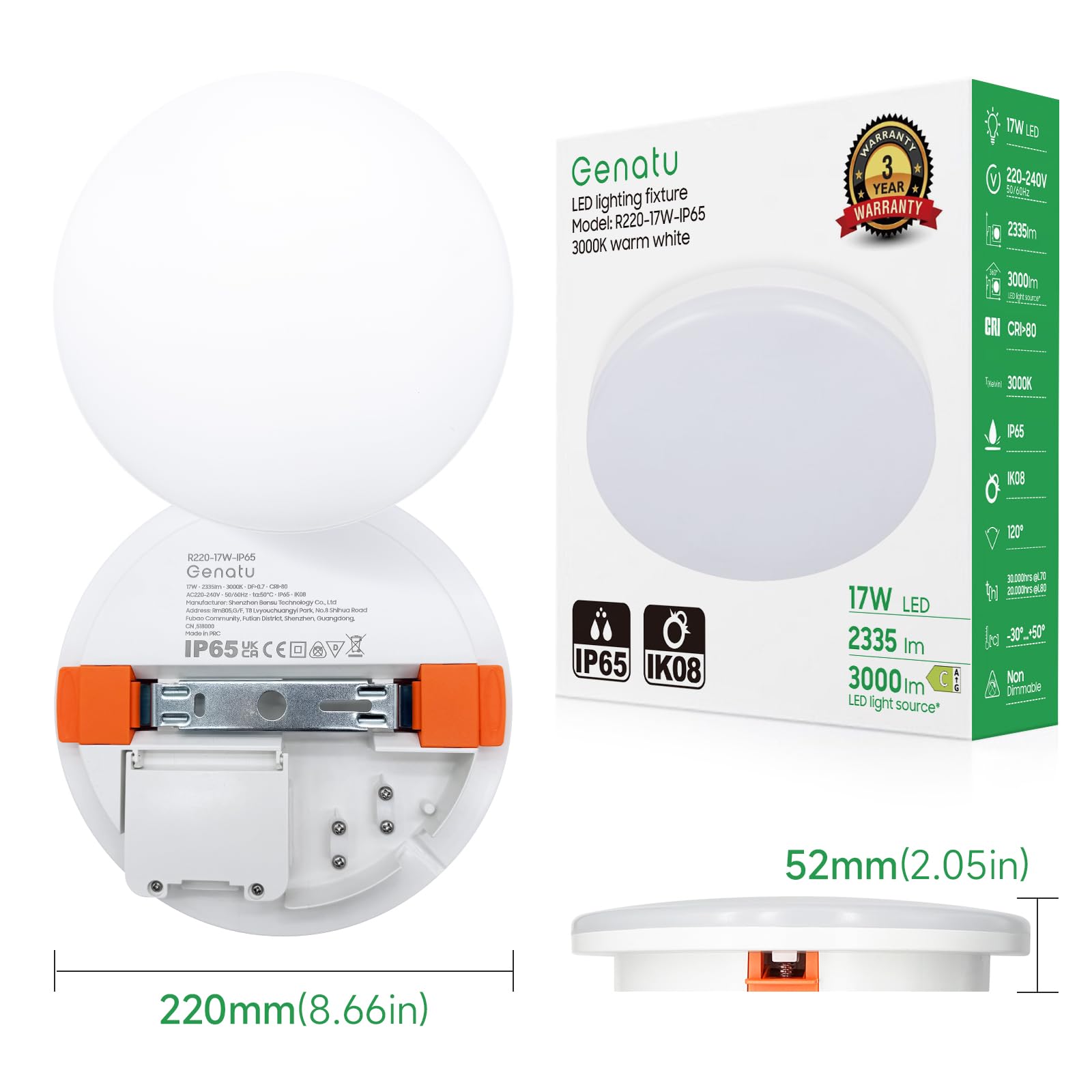Pack 2 Plafoniera LED Soffitto Baño IP65, 17W 2335lm (150W Equiv.), Blanco Cálido 3000K, Redondo 22cm - Impermeable