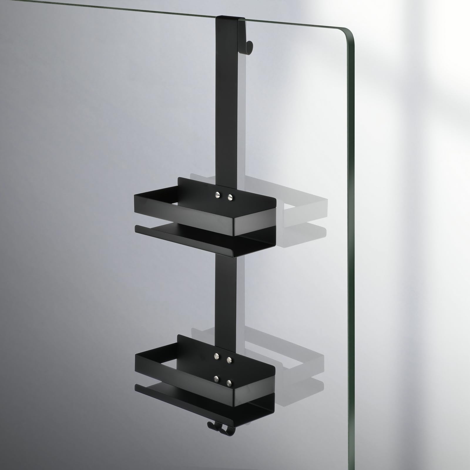 NEWRAIN Shower Caddy, 2-Tier Hanging Bathroom Rack with Stainless Steel Over Door Shelves & Squeegees Hooks, Black - Image 2