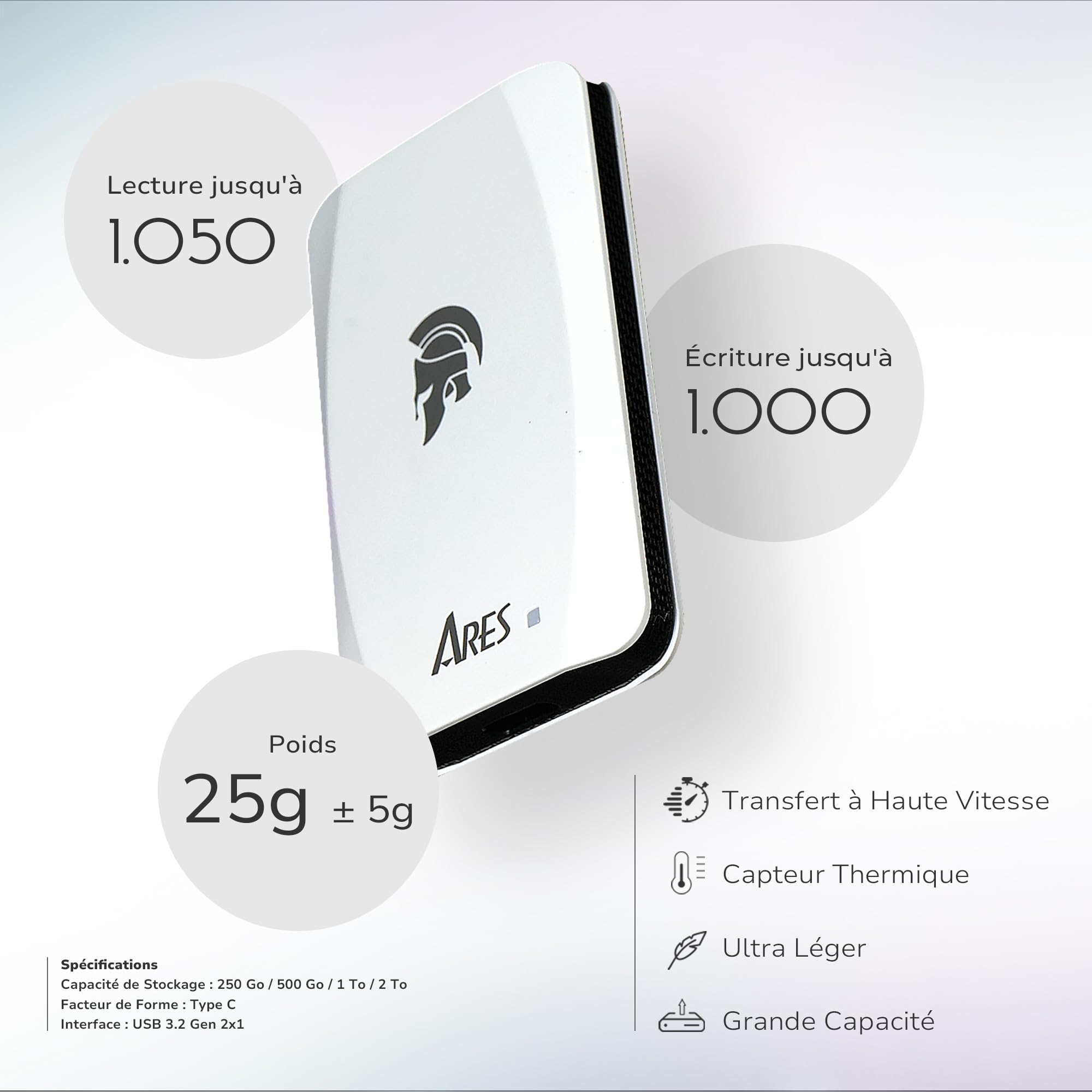 DATO SSD Externe 2 to, USB 3.2 Gen 2x1, Jusqu’à 1050/1000 Mo/s, Type C - ARES Torch Série
