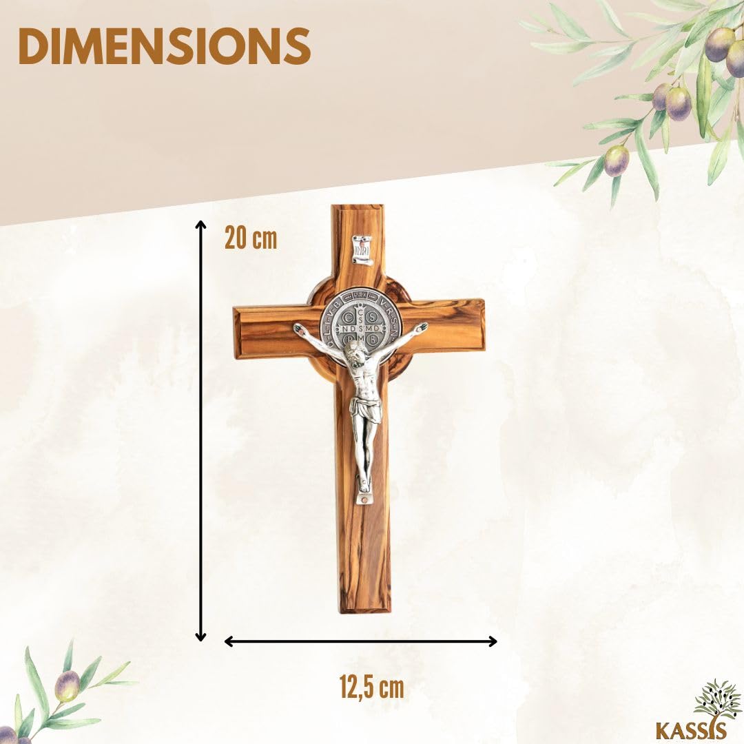 Kassis Geschenkartikel Croix de Saint Benoît en bois d'olivier – Croix murale chrétienne faite main à Bethléem pour baptême et communion – 20 x 12,5 cm (sans gravure), Saint Benoît