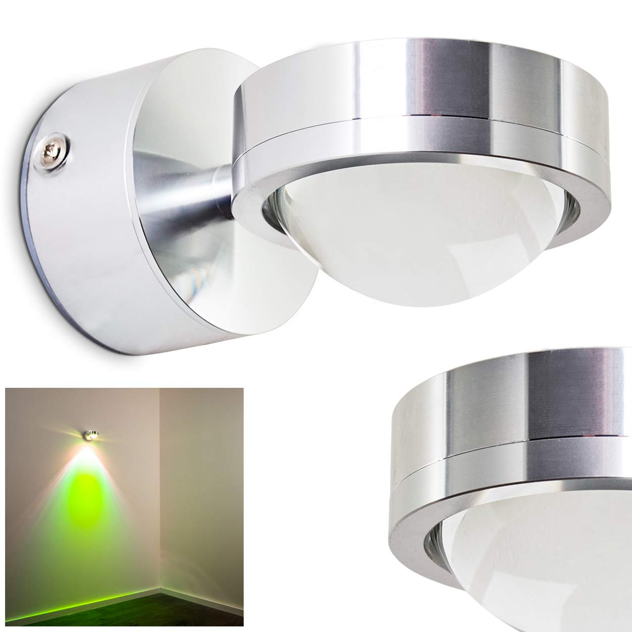 HOFSTEIN LED Wandlampe Harare, Wandleuchte in Chromfarben mit grünem Farbfilter, Wandstrahler mit Lichteffekt, 1-flammig, 3 Watt, 300 Lumen, 3000 Kelvin, Wohnzimmer, Esszimmer, Schlafzimmer, Flur