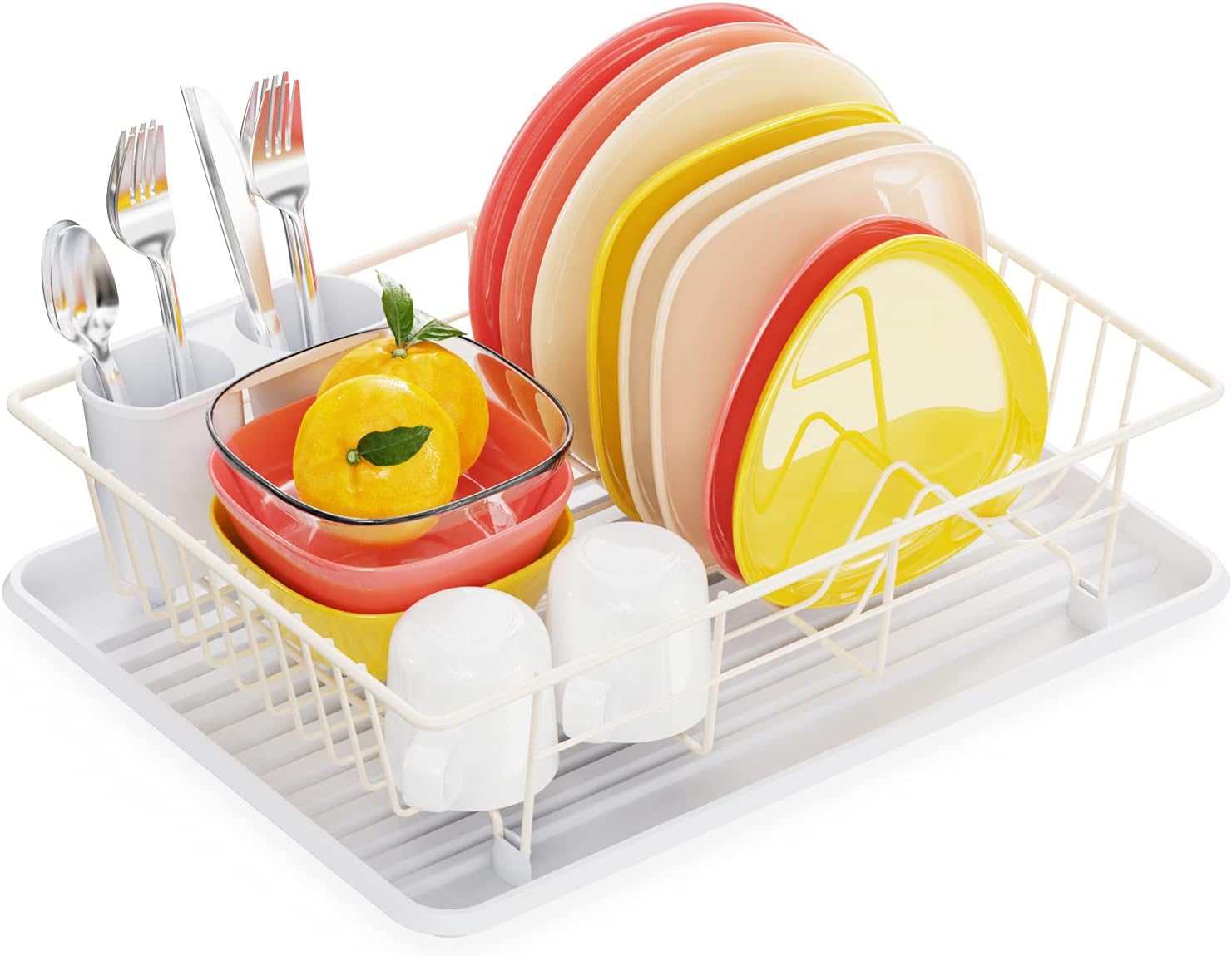 Dish Drying Rack, Warmfill Small Dish Rack and Drainboard Set with Removable Utensil Holder, Non-Rust Dish Drainer for Kitchen Countertop, White