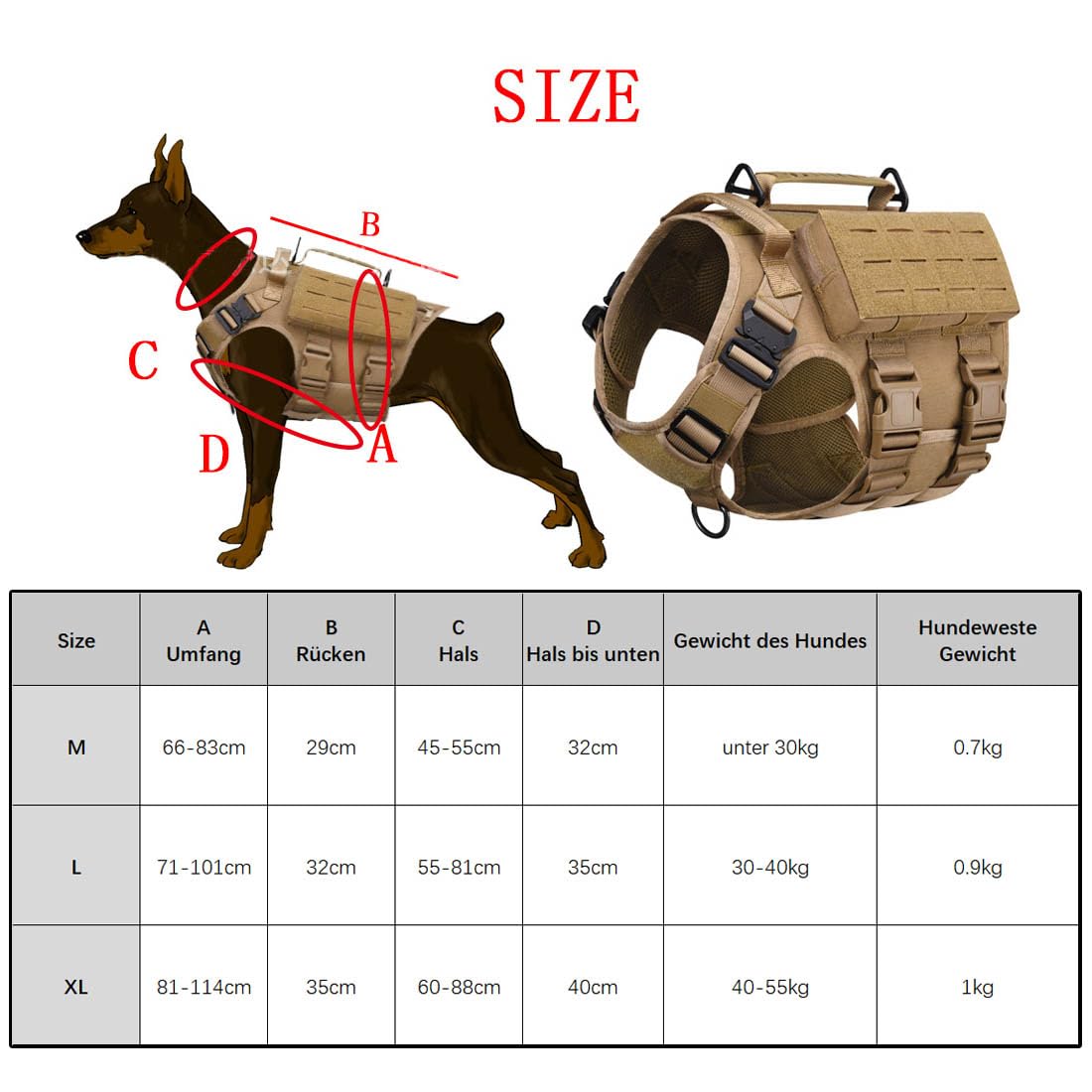 Arnés para perros con 3 bolsillos, 2 asas, 3 anillas en D, táctico acolchado, ajustable, arnés de seguridad Molle para perros medianos y grandes (marrón, L)