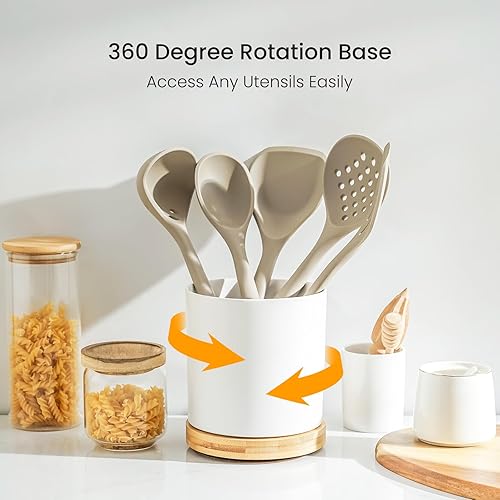 Miniatura 3 de KitchenTour - Soporte giratorio de 360, recipiente grande para utensilios de cocina de 5.9 pulgadas con base de madera, soporte de utensilios de