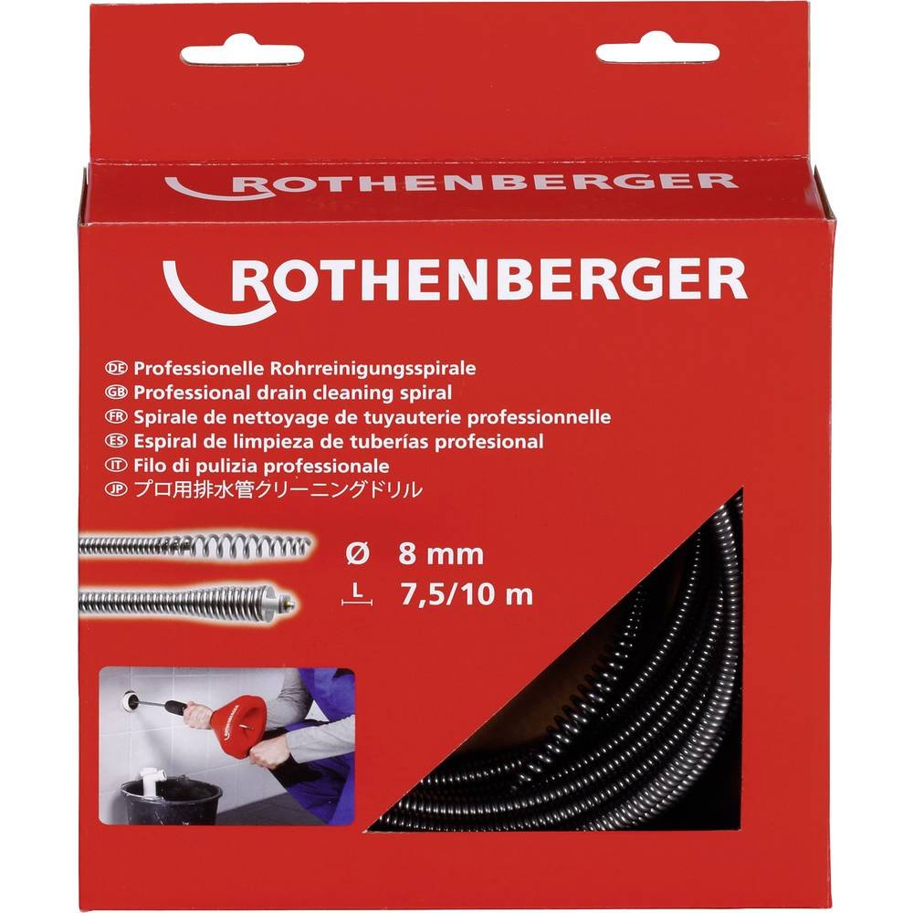ROTHENBERGER Rohrreinigungsspiralen mit Keulenkopf, 8mm Spiraldurchmesser, 7.5m Arbeitsbereich Länge | 72412 | Spirale von Rohrreinigungen für SHK-Betrieb und Hausmeisterservice