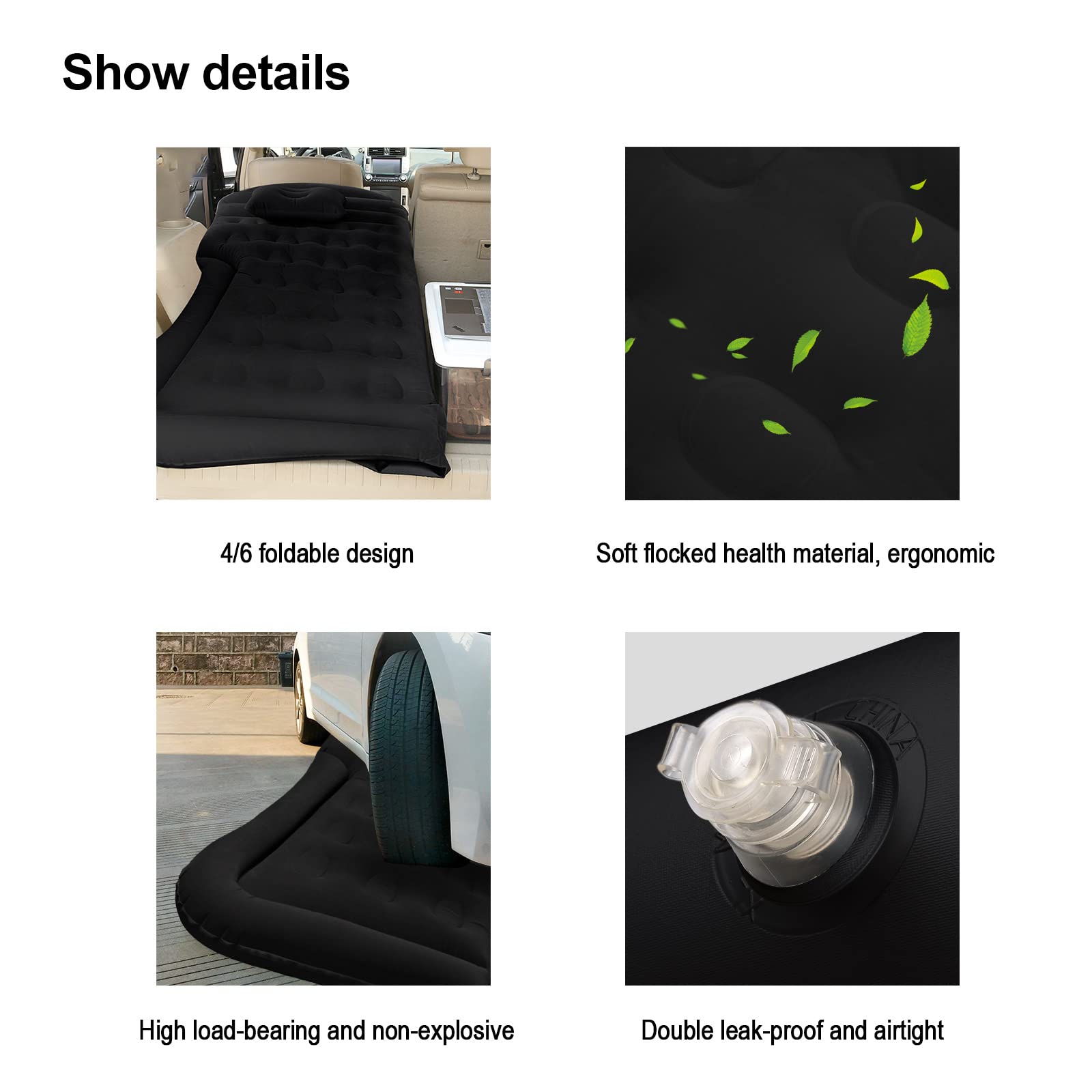 Vinteky Materasso ad aria, gonfiabile, per auto, con pompa ad aria elettrica e 2 cuscini, automatico, universale, per bagagliaio e SUV, campeggio, viaggi, esterni, 175 cm x 130 cm, colore nero