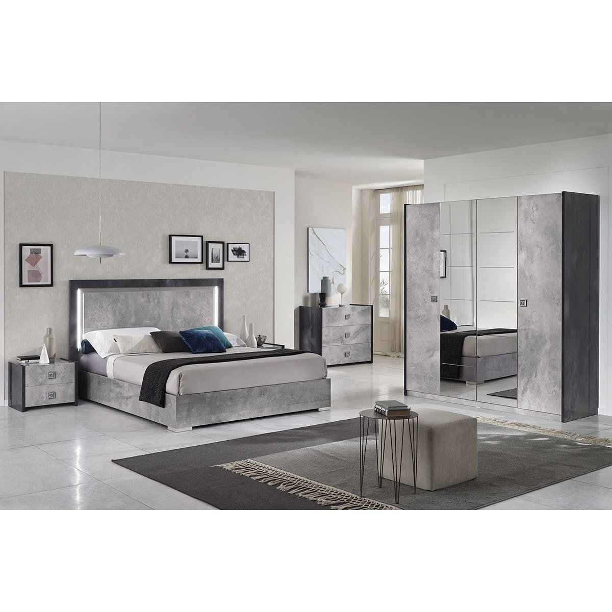 AltoBuy Hyde - Chambre Complète 140x190cm Gris Effet Pierre avec LEDs