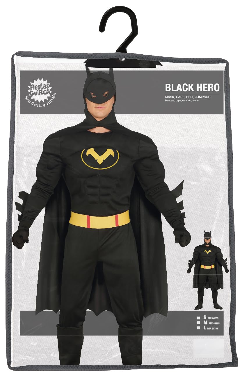 FIESTAS GUIRCA | Costume Black Hero Adulte et Ado - Cape, Capuche, Ceinture et Combinaison - Costumes de Superhéros et Vilains pour Halloween, Carnaval et Fêtes Déguisées