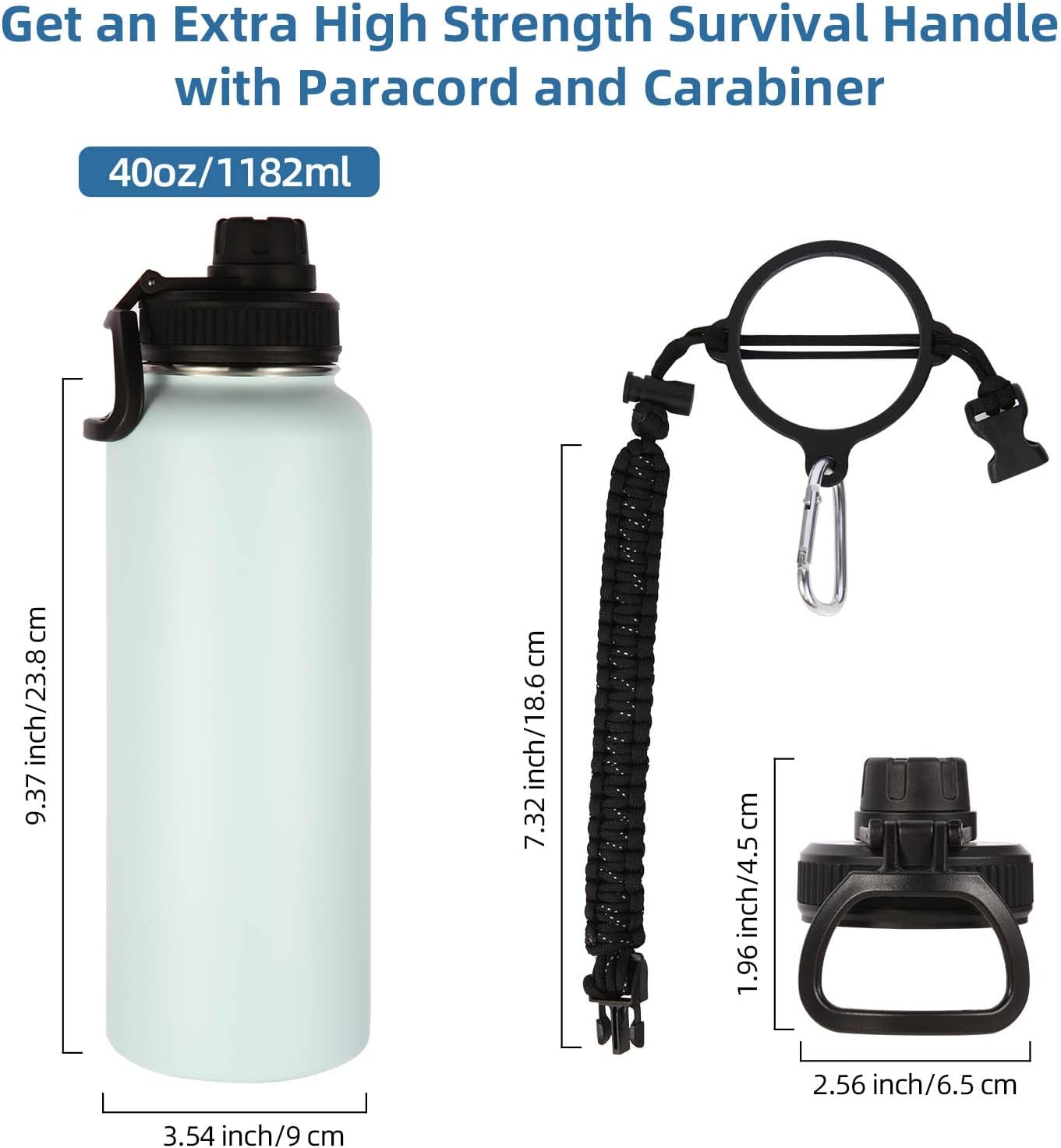 Volhoply Insulated Water Bottles Bulk 4 Pack, 40 oz Stainless Steel Sports Bottle with Paracord Handle & Spout, Metal Double Wall Travel Cups with Wide Mouth,Reusable Large Water jug(Fog,4 Set) - Image 3