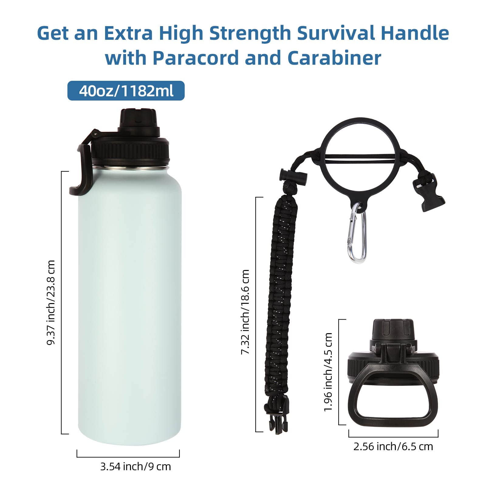 Volhoply Insulated Water Bottles Bulk 2 Pack, 40 oz Stainless Steel Bottle with Paracord Handle & Spout Lid, Double Walled Metal Water Thermos with Wide Mouth, Reusable Big jug for Adults(Fog,2 Set)