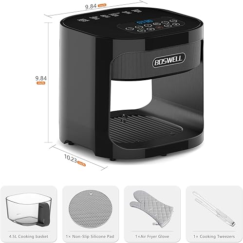 Miniatura 6 de BOSWELL Freidora de Aire de Vidrio, Tazón de Freír Transparente de 4.5QT, Calentamiento Circulante, No Tóxico, Freidora de Aire de Gran Capacidad