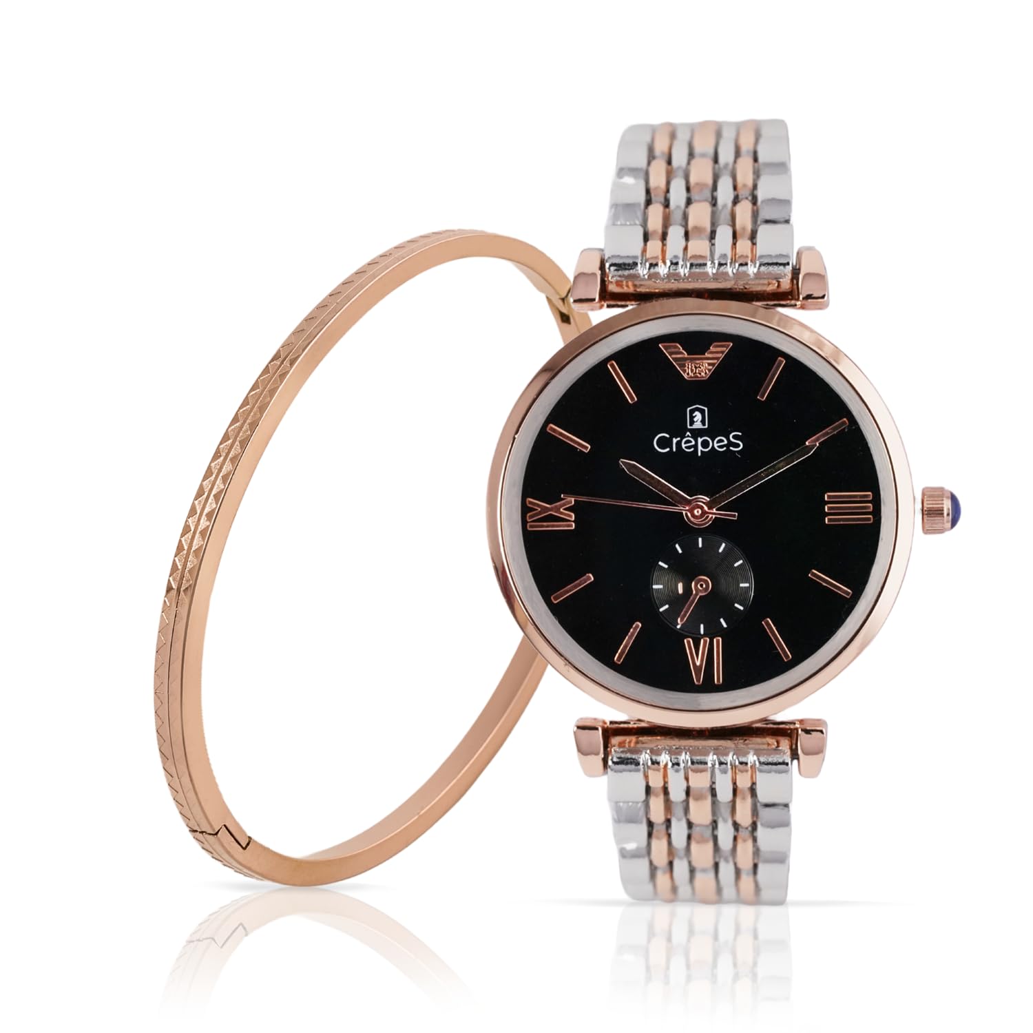 CrepeS Stylish Amara Analog Watch Duo Tone Black & Zigzag Bracelet Rose Gold Stack for Women (B0D3L8K9YK) Amazon Price History, Amazon Price Tracker
