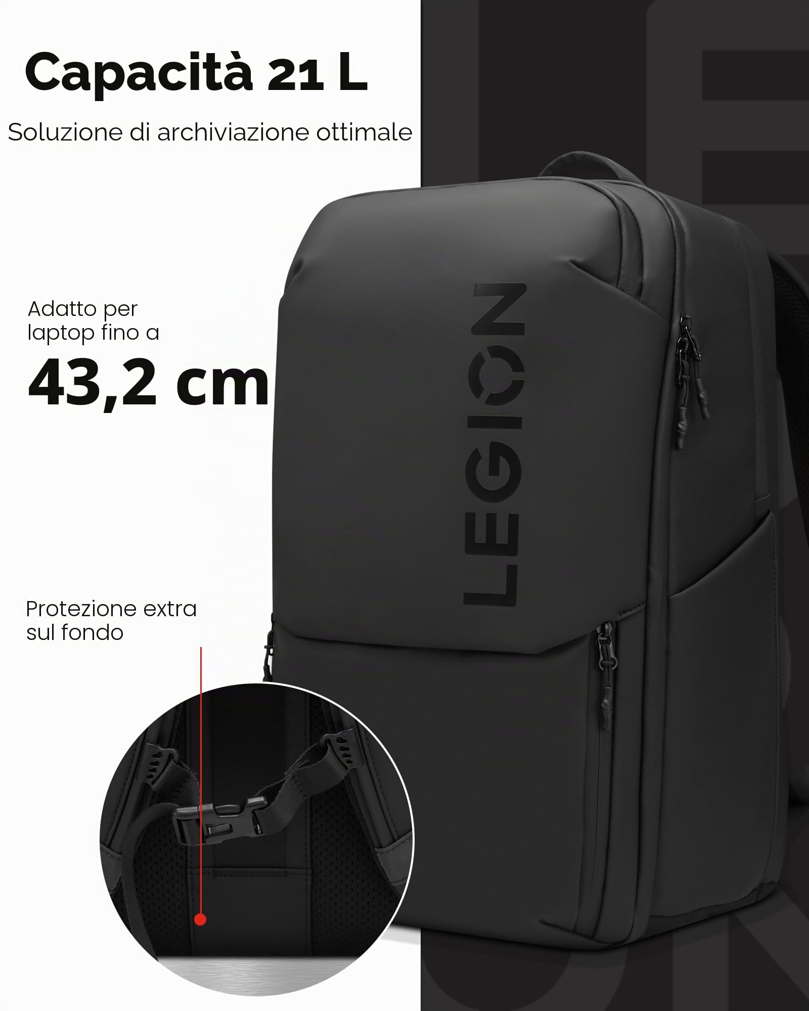 Lenovo - Zaino Gaming Legion 17" GB800 (impermeabile, capacità fino a 21 litri, apertura a 180°, tasche per computer, tablet, bottiglie d'acqua, cinghie ergonomiche) - Colore nero