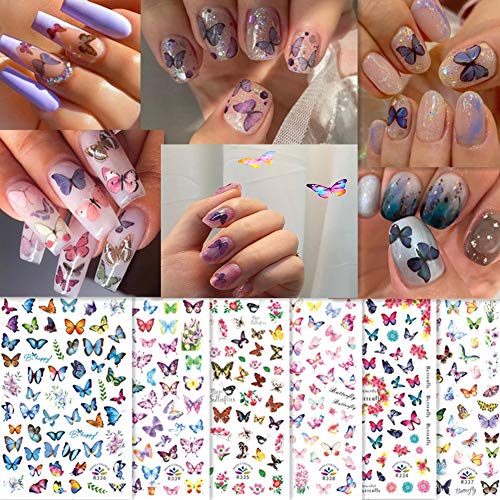 Butterfly Nail Art Stickers 3D Colorful Self-adhesive Nail Art decals Supplies Colorful Designs Nail Foils DIY Manicure Tips for Women Kids Girls Nails Decors Beauty Accessories Kits (6 Sheets)