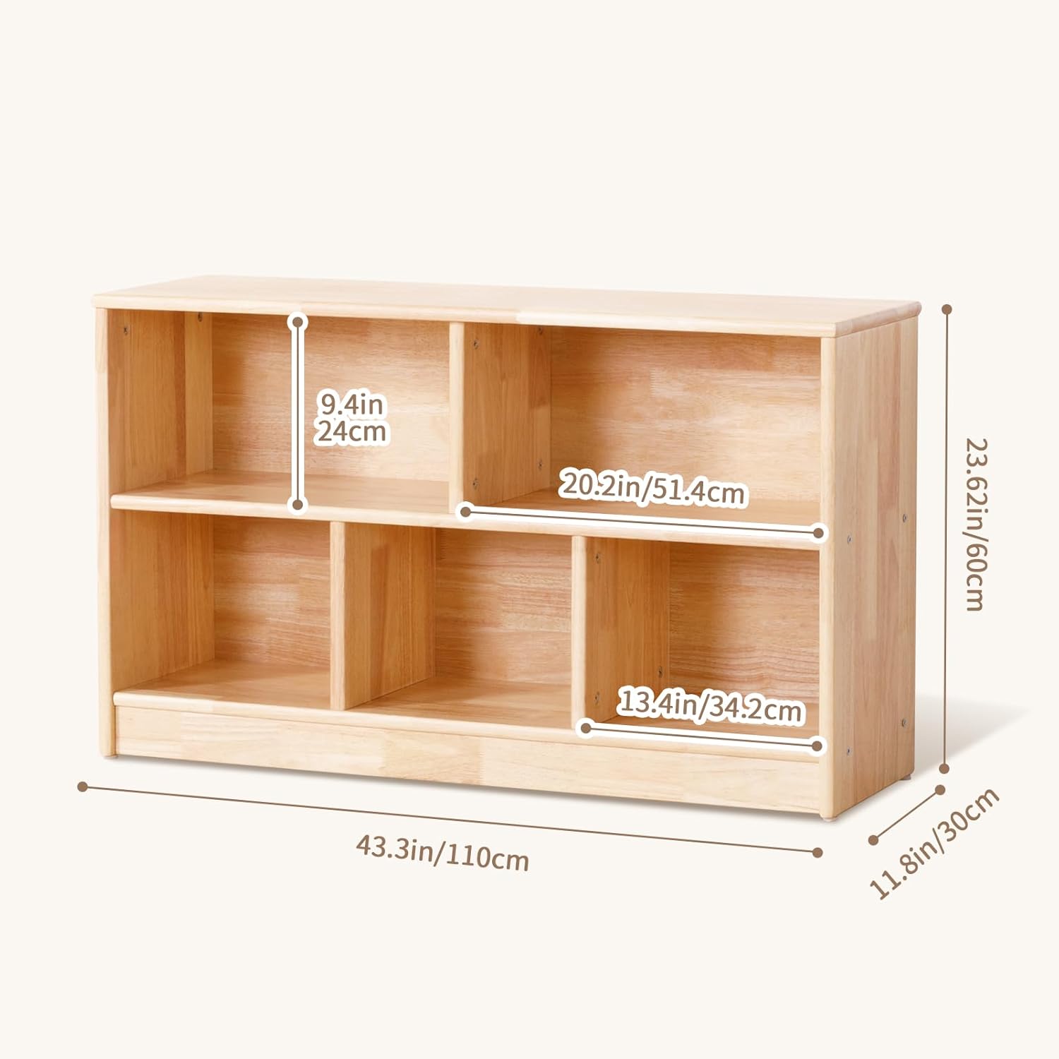 OOOK Rubber Wood 5-Compartment Montessori Shelf, 43.3" L, 2-Tier Toy Organizers and Storage, Wooden Storage Cabinet for Kids Room, Playroom, Nursery, Classroom, Kindergarten