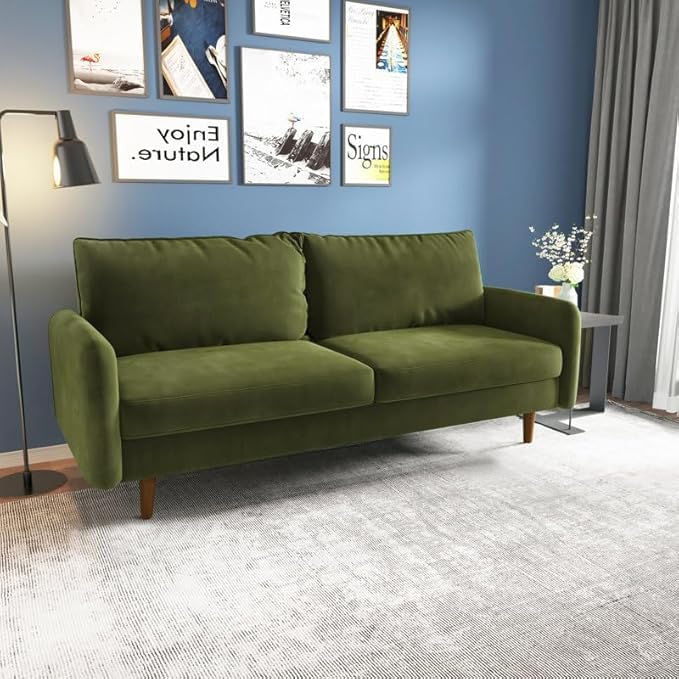 Image of Morrone Velvet Loveseat 3-Seater Sofa, Modern Upholstered Couch for Living Room, Bedroom and Office, Plush Cushion Accent Seating Furniture (Olive Green, 3 Seater)