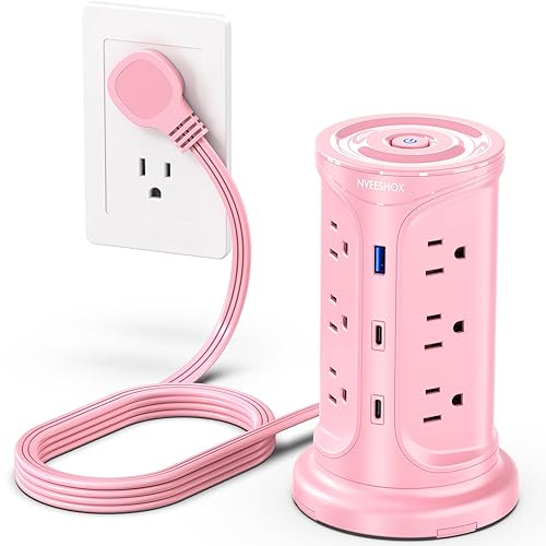 Tower Power Strip Surge Protector with 12 Outlets 3 USB Ports(2 Type C), 6.5 FT Ultra Flat Extension Cord with Multiple Outlets, Flat Plug Outlet Extender with Screw Wall Mount for Home Office Dorm - 6.5 FT - Pink+3USB+6.5FT