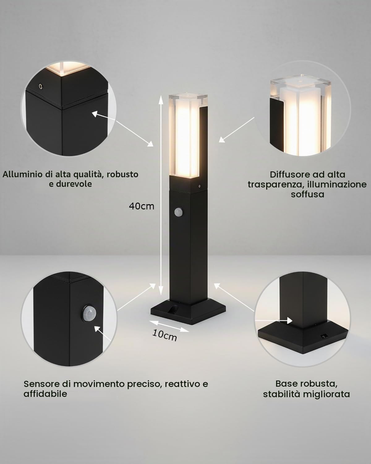 Lampione da Giardino, 40cm Lampioni da Giardino Esterno con Sensore di Movimento, IP65, 3000K, 220V Lampade da Giardino da Terra Paletto in Alluminio per Vialetto e Patio, Nero