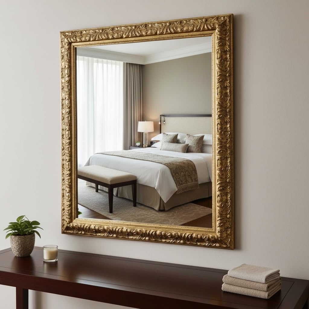ITALIA CORNICI Maestri Artigiani Specchiera da Parete Barocca Oro Foglia e Argento 90x70 cm, Specchio Rettangolare Classico con Fregi, Cornice in Legno, Made in Italy (Oro Antico 90x70 cm)