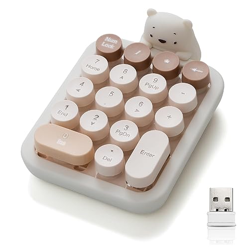 Cute Wireless Numeric Keypad with Silicone Bear, Colorful Round Keycaps, 2.4G USB Wireless Connection, Portable Financial Accounting Numpad Number Keyboard, Suitable for PC, Laptop (MilkTea) - Milktea