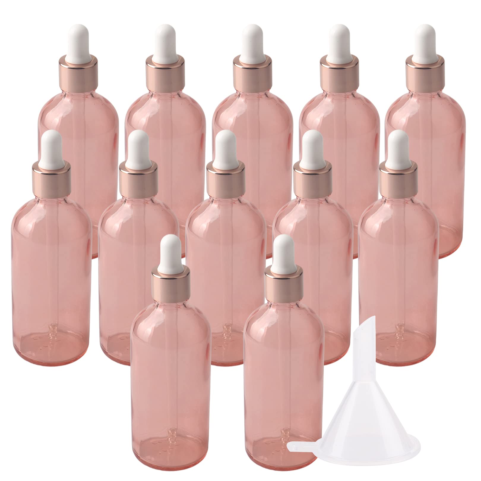 12 Pezzi Rosa Bottiglie Contagocce in Vetro 100 ml, Flaconi con Pipette Contagocc Vuoto, per Olio Essenziale, Aromaterapia con Imbuti