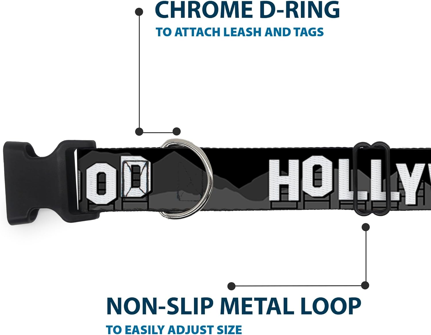 Buckle-Down Plastic Clip Collar - HOLLYWOOD Sign Skyline Black/Grays/White - 1.5" Wide - Fits 13-18" Neck - Small