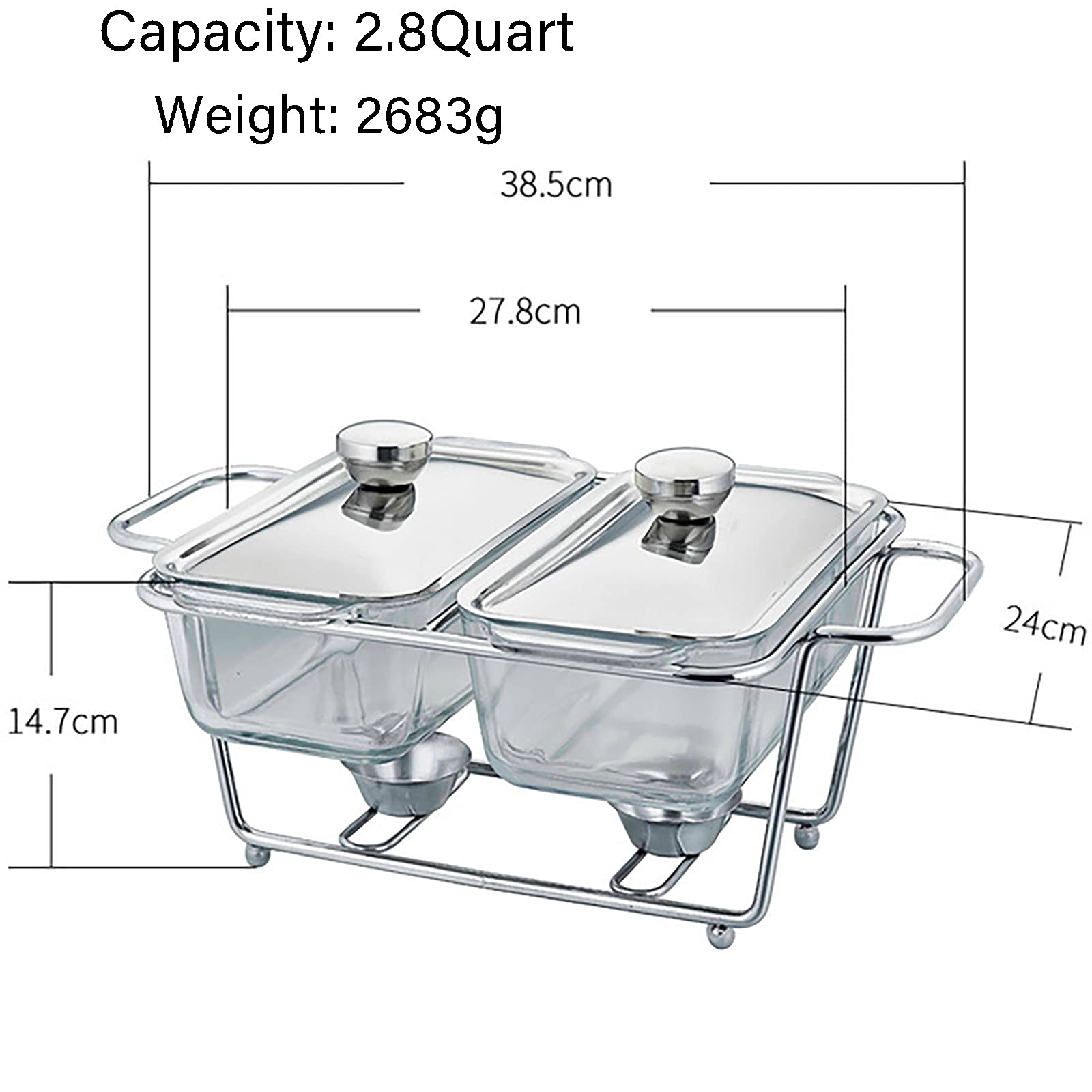 Set da Buffet per Scaldavivande, Set Scaldavivande con Contenitore per Alimenti in Vetro Trasparente e Coperchio in Acciaio Inossidabile per Cucina, Matrimoni, Feste, Banchetti, Sala da Pranzo, 2,8