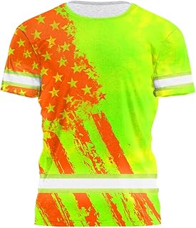 HiVis Custom Safety Shirt Lime Neon and Orange US Flag AMZ02 Reflective High Visibility Shirt for Men Hi Vis Shirt Construction Workwear for Runners, Walkers, Trucker, Operator, Patriotic-XL