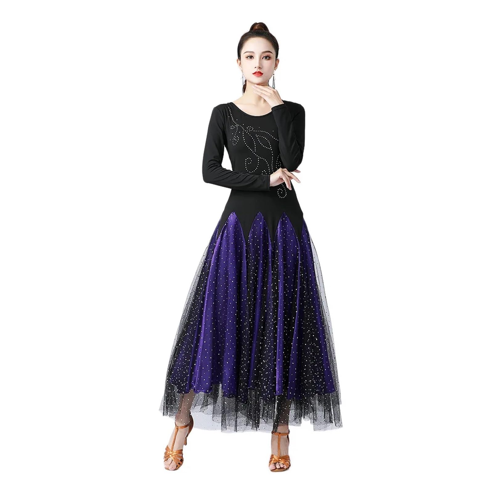 Ballkleider für Damen Walzerkleid Langarm Ballsaal Standard Wettkampftanzkleid Walzer Line Dance Kleidung(Red,XXXL)