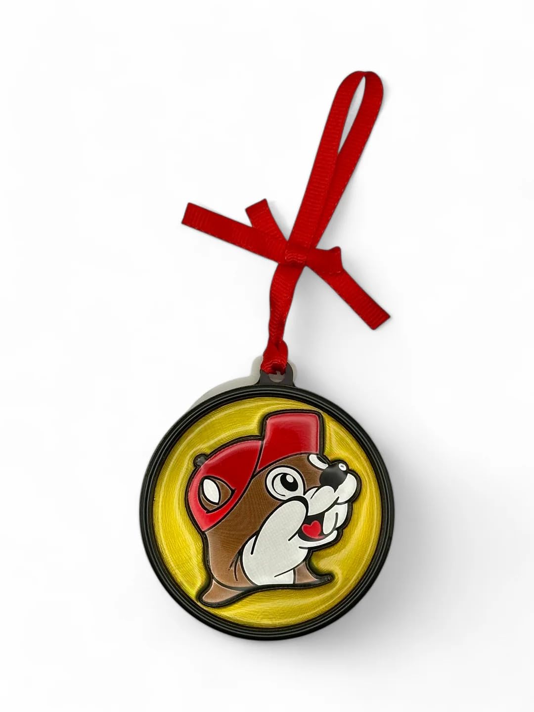 Buc-ee's Holiday Christmas Ornament, Round Decorative Hanging Design with Red Ribbon, Beaver Character on Yellow Background