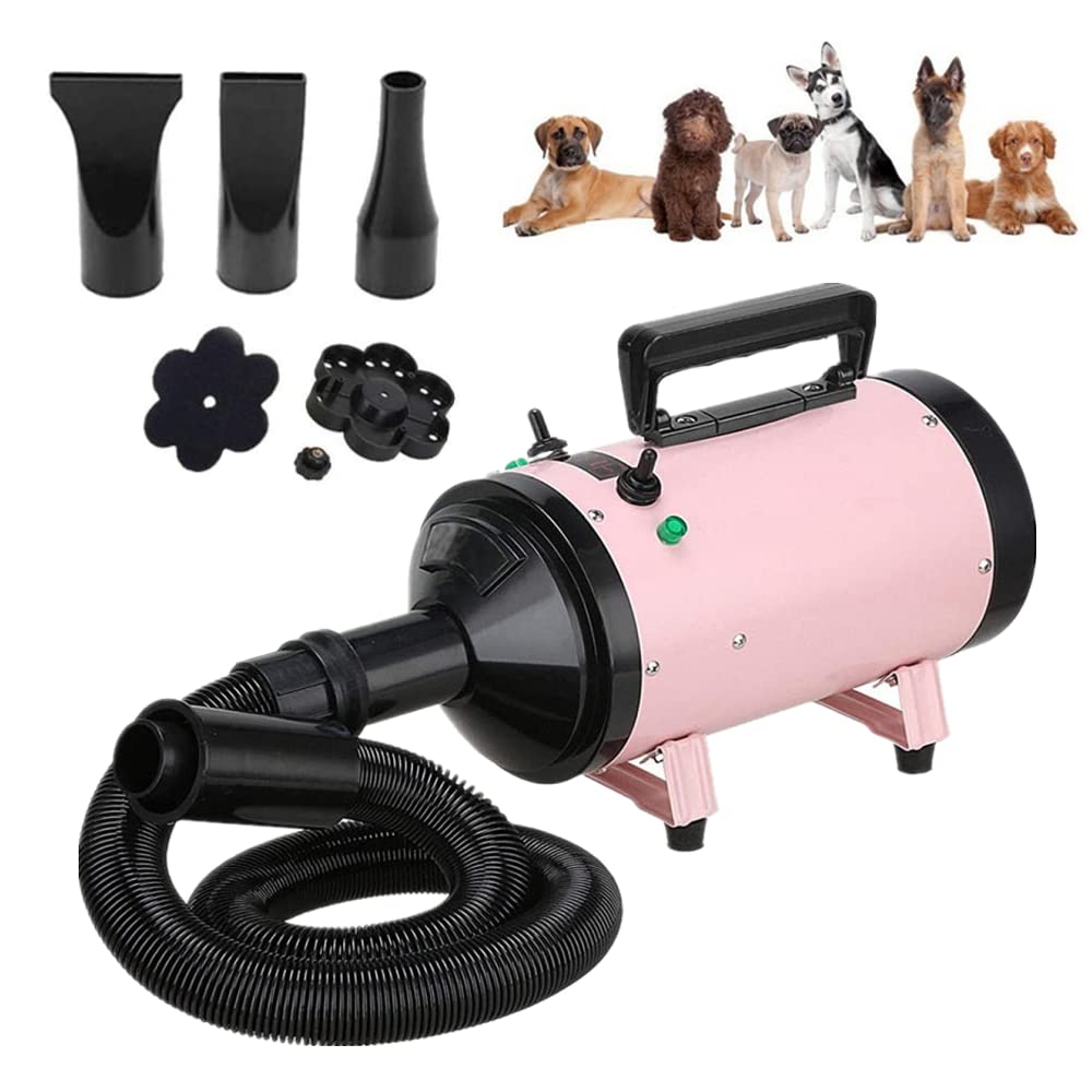 High Velocity Professional Dog Pet Grooming Hair Drying Force Dryer Blower, 2800W Pet Blow Dryer Adjustable Temperature Heater with 2.5M Flexible Hose and 3 Nozzles