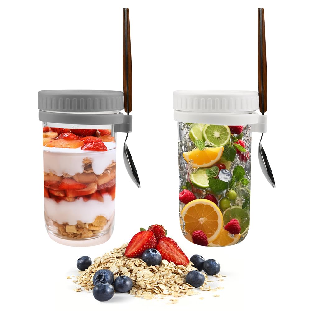 2 PCS Overnight Oats Jar, 400ml Bol Céréales à Emporter En Verre, Tasse à Yaourt Réutilisable, Bocaux Flocons D'avoine Avec - Maison