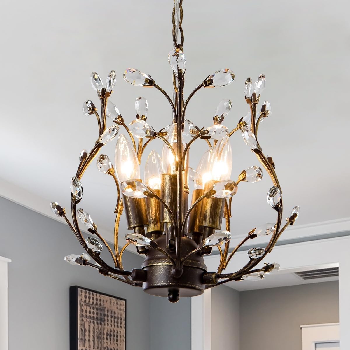 VTAMng Vintage Branch Crystal Chandelier Industrial decoration Black Modern Light Fixture Sophisticated Antique Flush Mount Farmhouse Pendant Light for Dining Room Kitchen Bedroom Living Room Hallway(