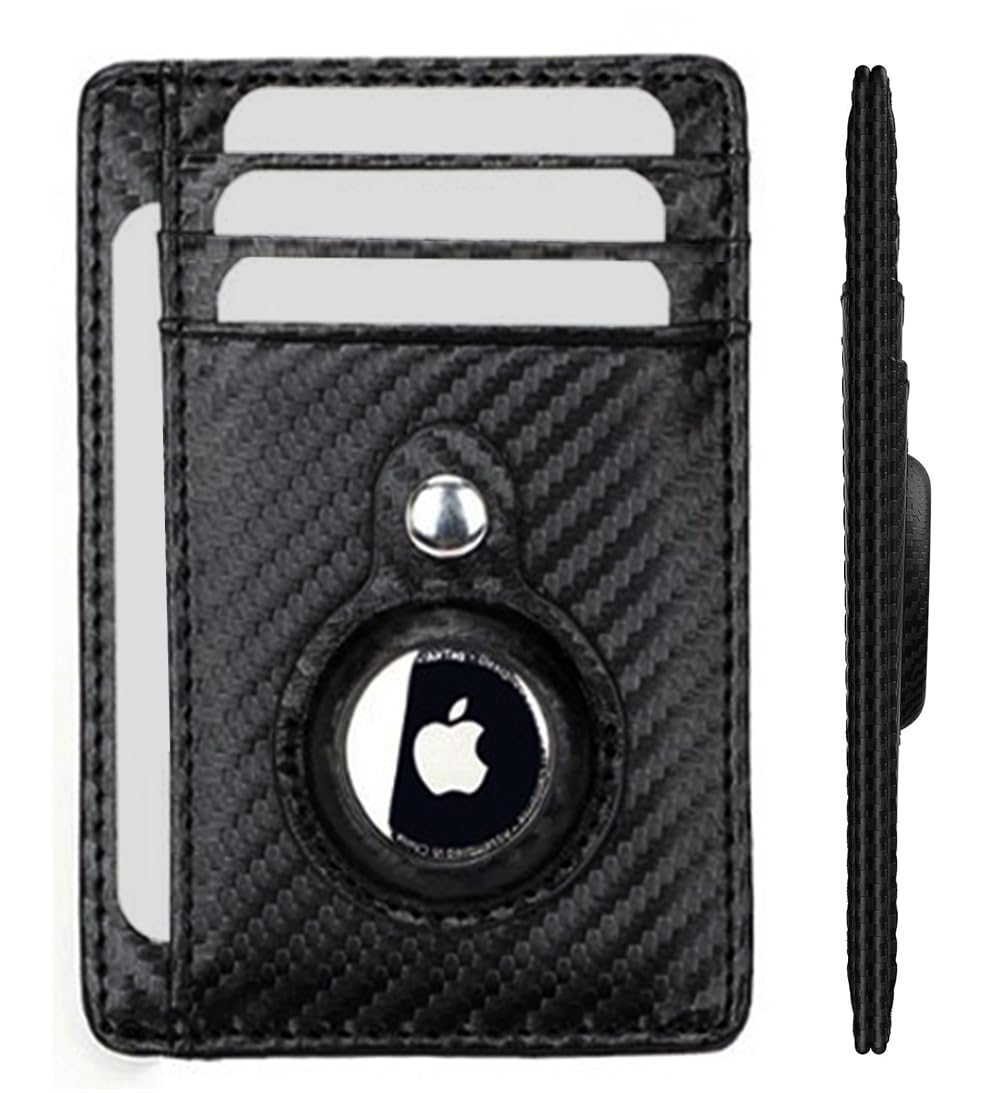 Slim Minimalist Front Pocket Wallet, Slim Minimalist Airtag Card Wallet for Men, Front Pocket Premium Crazy Horse Leather Wallet with Airtag Holder, RFID Blocking Cash Credit Card Wallet, Black Carbon