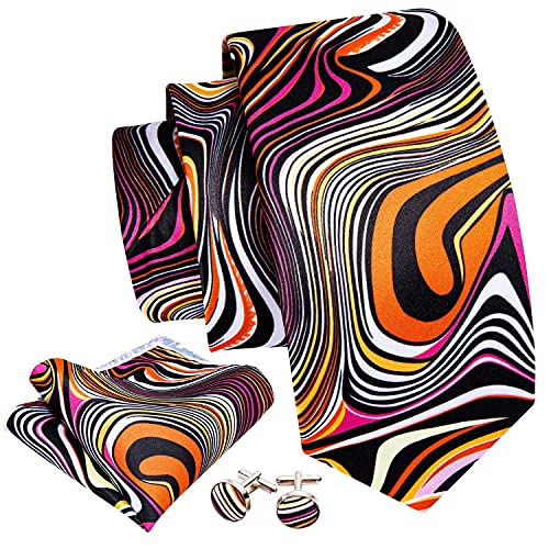 Barry.wang Mens Novlety Tie Silk Printed Orange Black Wedding Holiday Funky Necktie And Pocket Square Set Cufflinks #TOP2